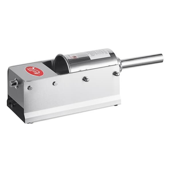 A silver Avantco horizontal manual sausage stuffer with a tube and a red handle.