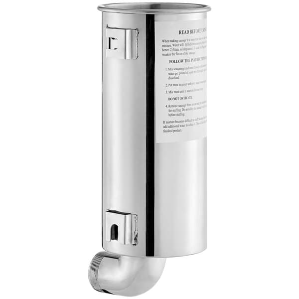A stainless steel canister with a white label.