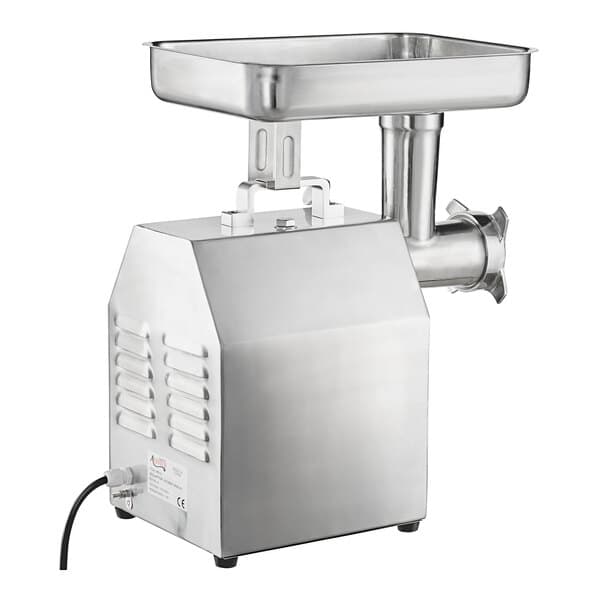 An Avantco meat grinder with a metal tray, bowl, and plate.