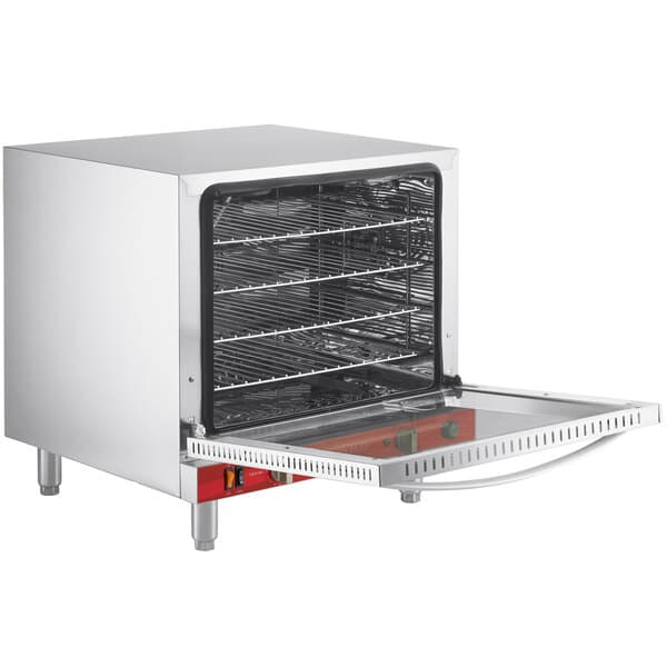 An Avantco countertop convection oven with the door open and a rack inside.