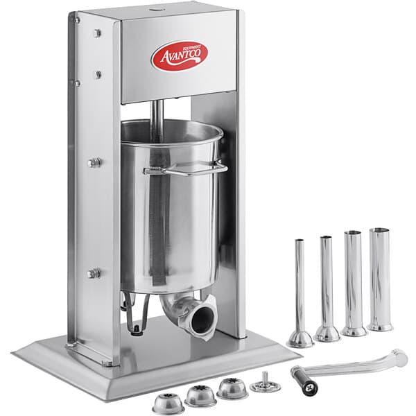 An Avantco stainless steel vertical manual churro stuffer with metal churro tubes.