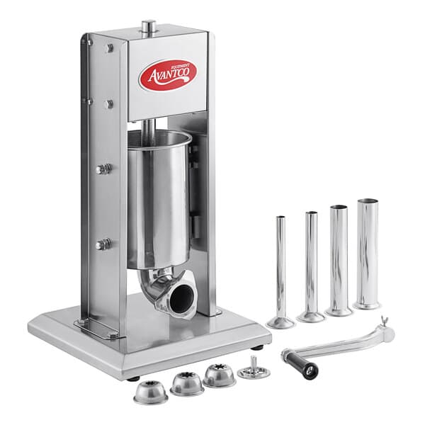 A stainless steel Avantco vertical manual churro stuffer with several metal churro tubes.