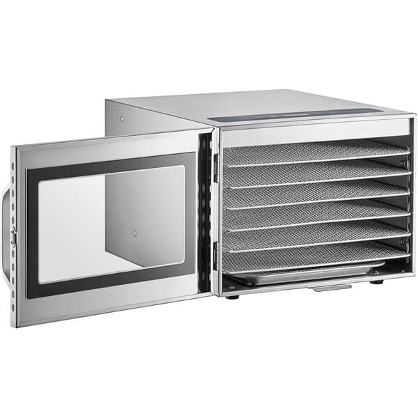 An Avantco stainless steel food dehydrator with a glass door open.