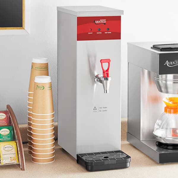 An Avantco hot water dispenser with a red handle on a white rectangular plastic container.