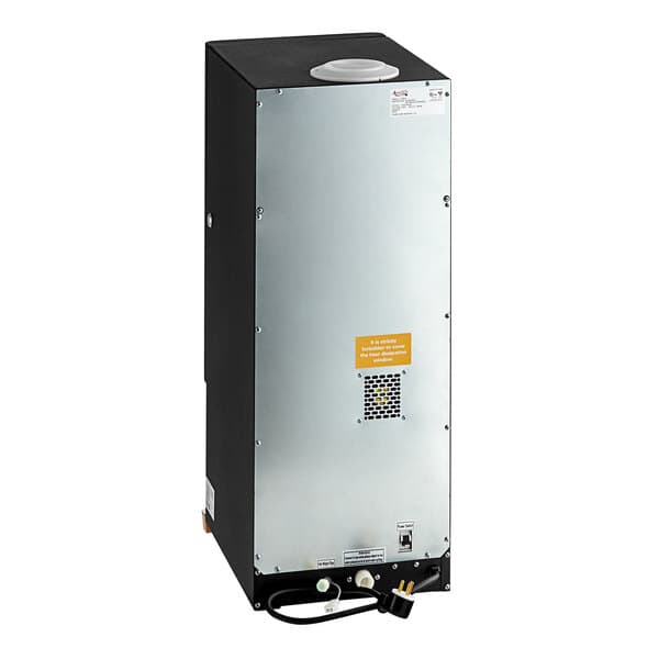 A silver rectangular box with a yellow label on a white background.