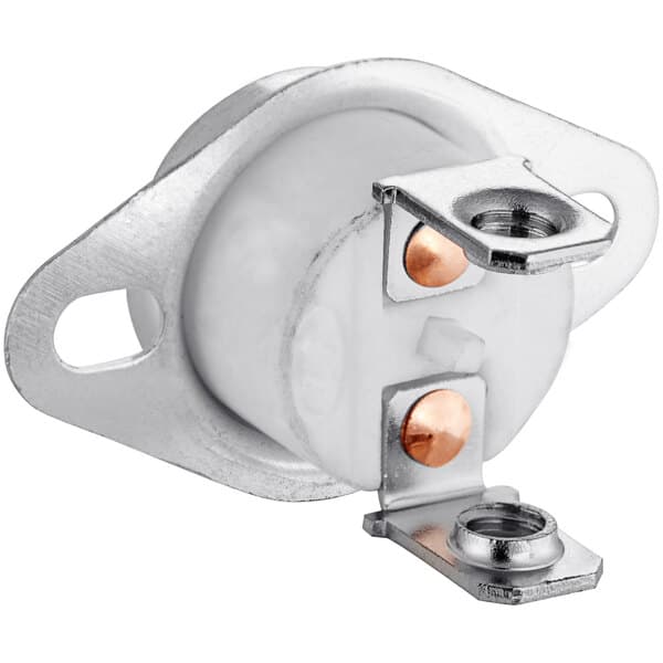A white round thermostat with metal brackets.