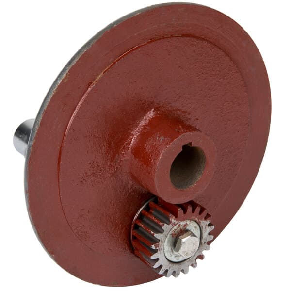 A red and silver gear with a gear wheel on a white background.