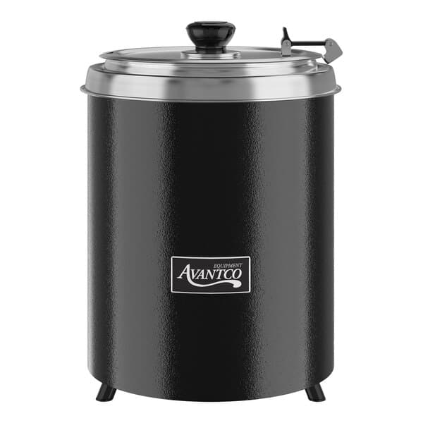 An Avantco black and silver countertop soup warmer with a lid.