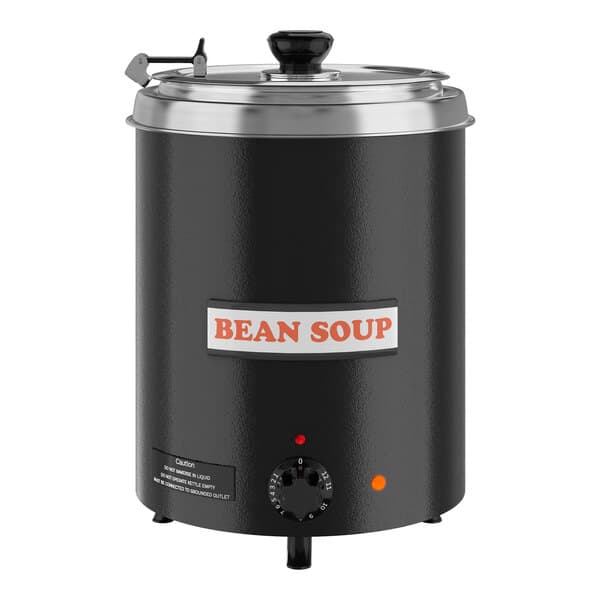 An Avantco black round soup warmer with a lid.