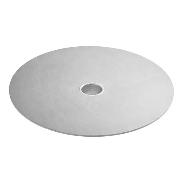 An Avantco round stainless steel grease protecting plate with a hole in the middle.