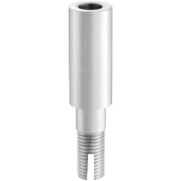 A silver metal Avantco round spit base with a threaded end.