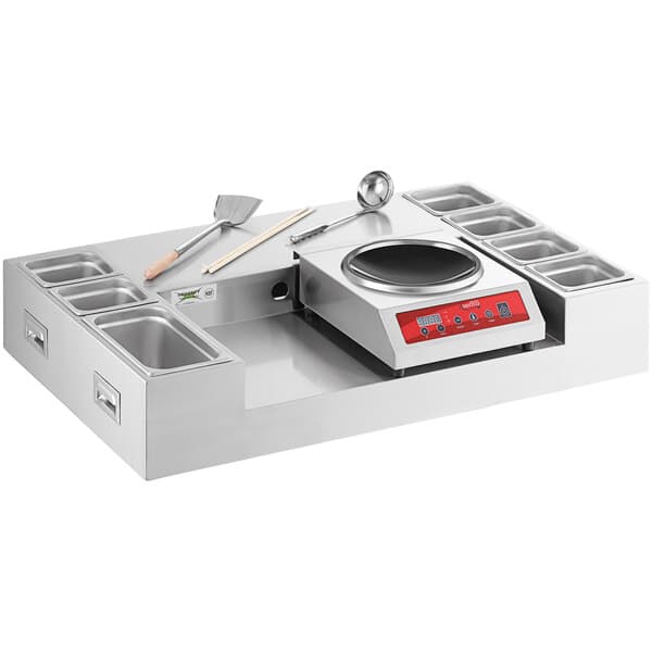 An Avantco countertop induction range with a wok, spatula, and chopsticks.