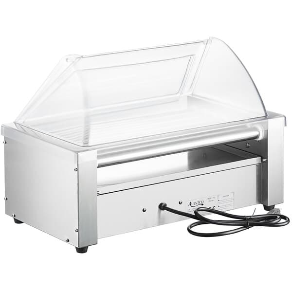 A silver rectangular Avantco hot dog roller with a clear lid.