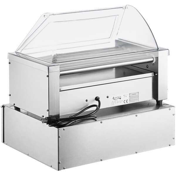 An Avantco stainless steel hot dog roller with glass sneeze guard.