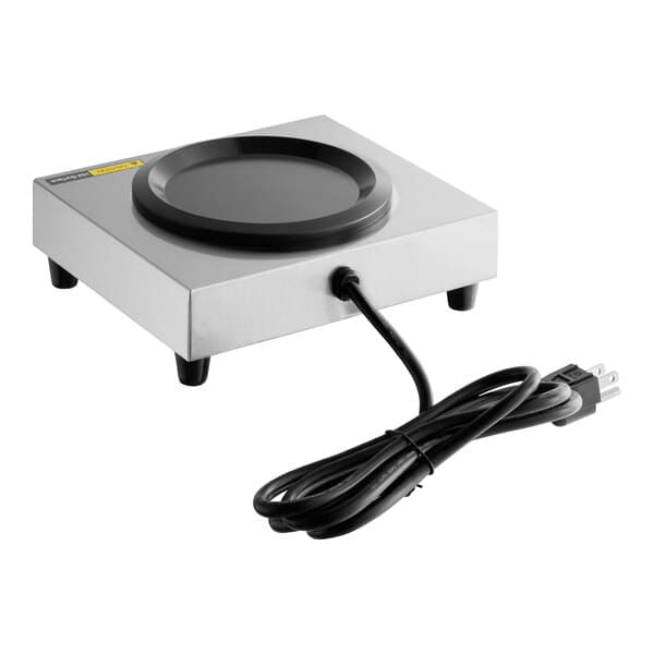 An Avantco single burner decanter warmer on a black square electric stove.