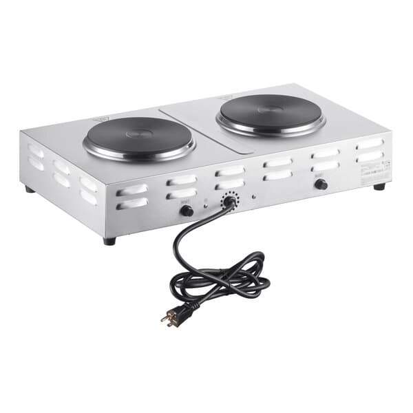 An Avantco stainless steel double burner portable electric hot plate on a counter.