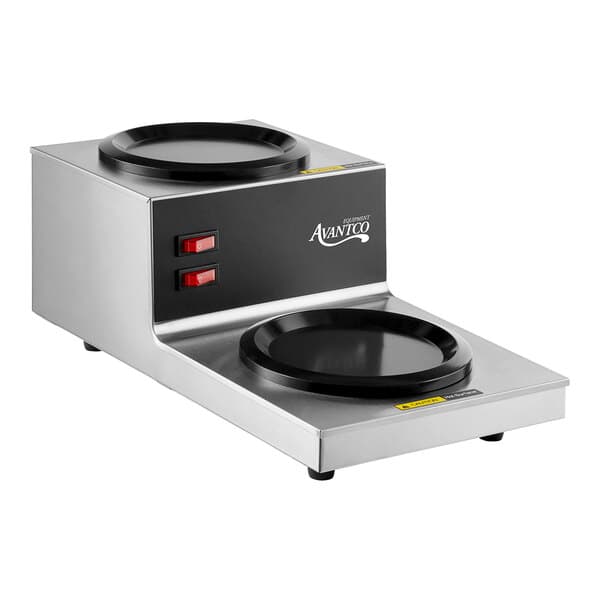 A silver and black Avantco double burner decanter warmer on a white surface.