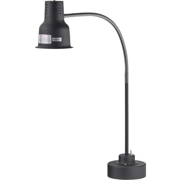 An Avantco black countertop heat lamp with a curved neck and weighted base.