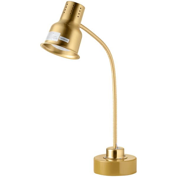 An Avantco gold heat lamp with a white weighted base.