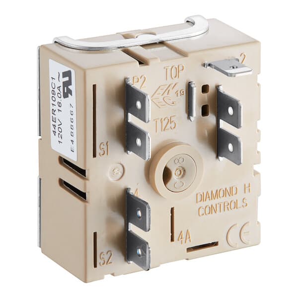 An Avantco thermostat with two wires and four switches.