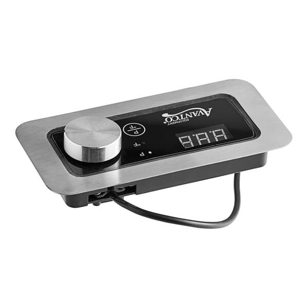 An Avantco remote control with a black and silver device and black cord.