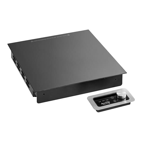 A black Avantco drop-in induction chafer warmer with a rectangular control panel on the side.