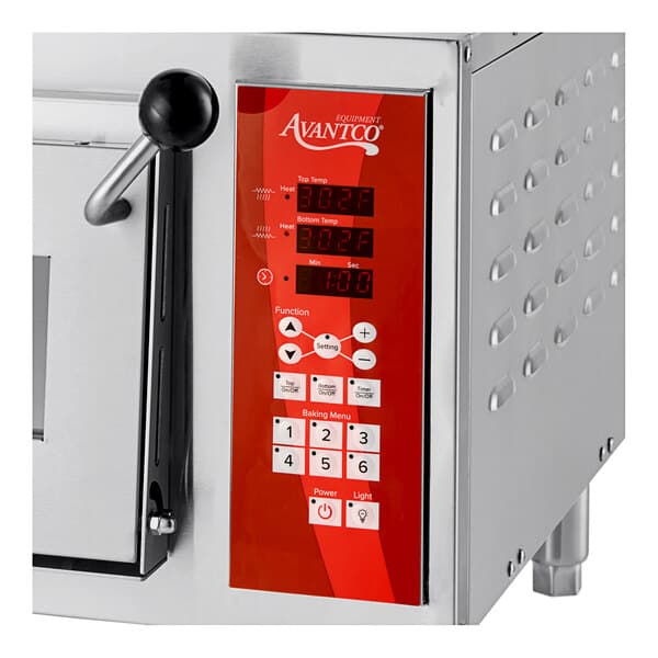 An Avantco bakery deck oven with red buttons and a digital display.