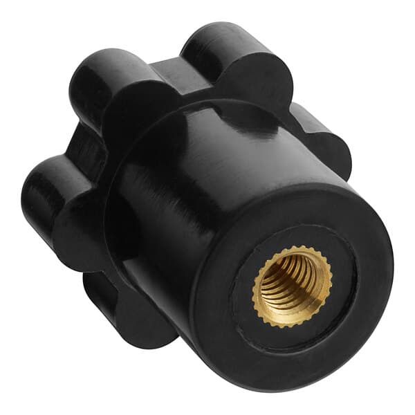 A black plastic hex knob with a gold threaded nut.