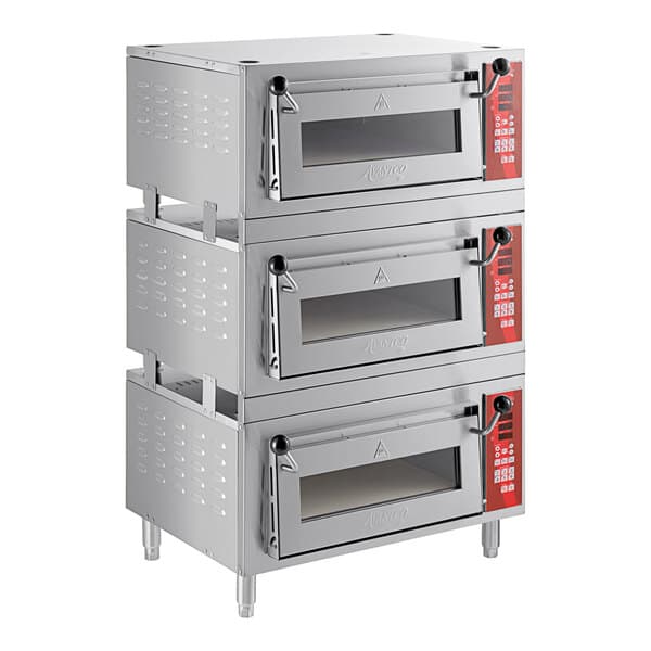 A stack of silver Avantco triple deck countertop bakery ovens.