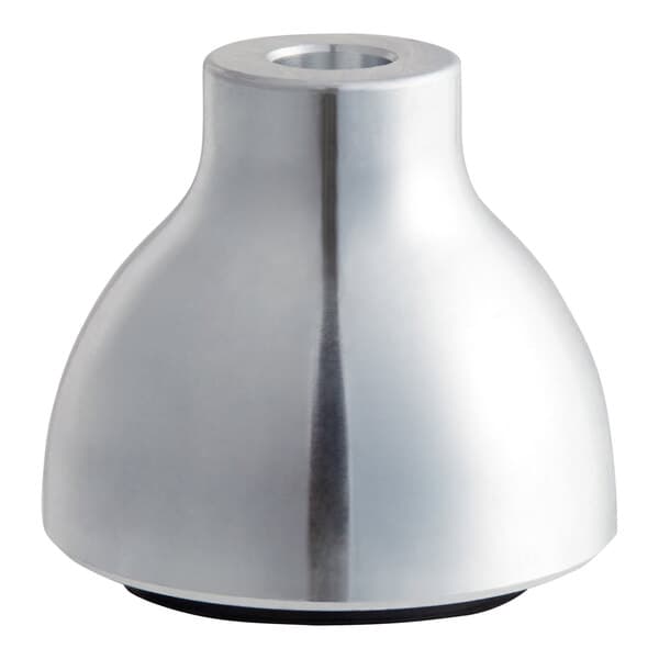 A silver metal Avantco leg with a black rubber base.