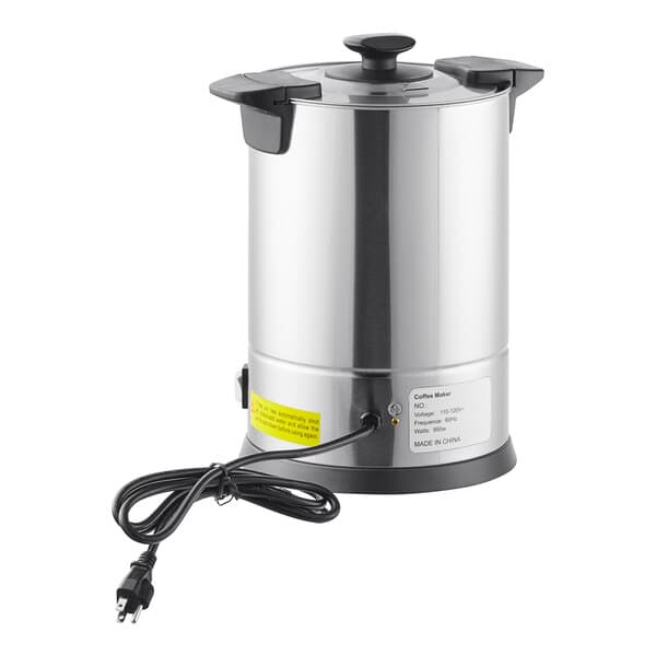 An Avantco stainless steel coffee urn with a black cord.