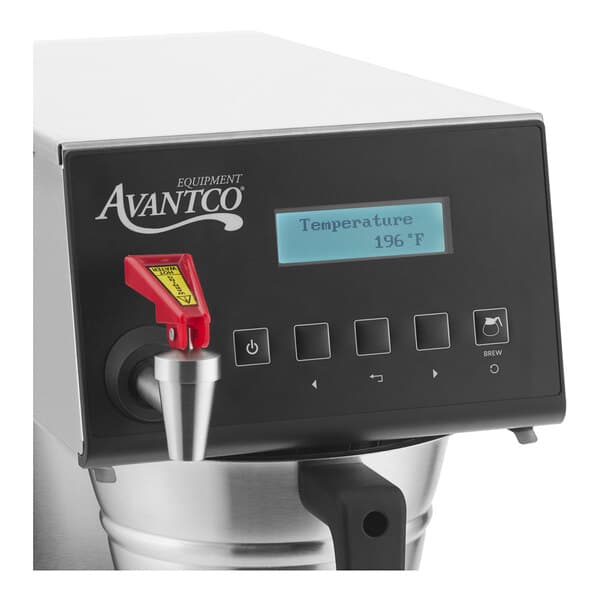 A digital automatic airpot coffee maker with a display screen and control buttons on the front panel.