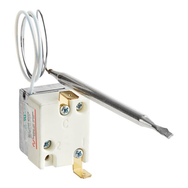 A white Avantco temp limiter with a metal wire.