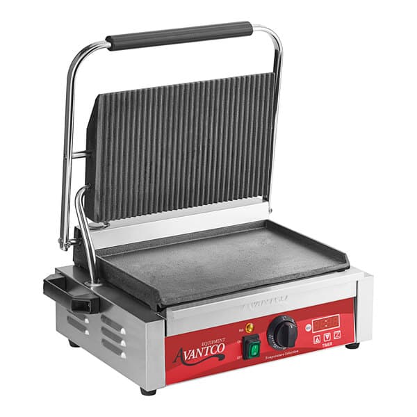 An Avantco commercial panini grill with red and black metal handles.