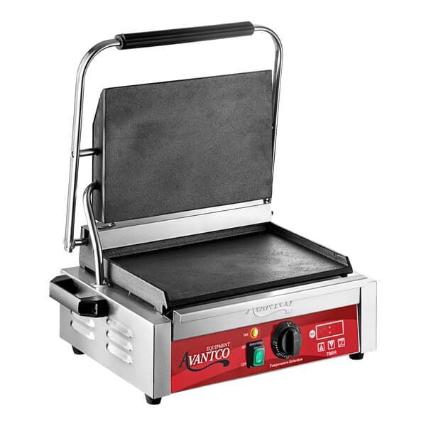 An Avantco commercial panini grill with a black handle.