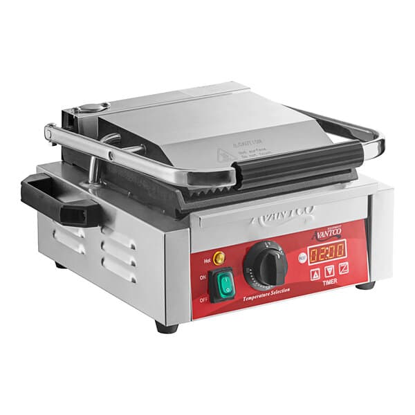 An Avantco commercial panini grill with a red and black handle and dial.