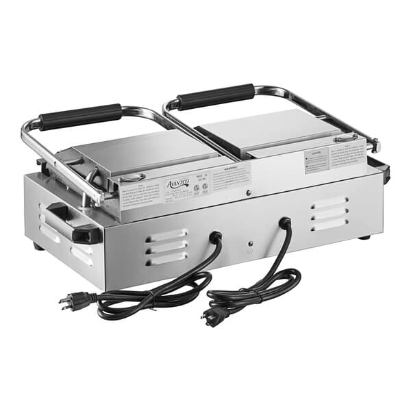 An Avantco commercial dual Panini sandwich grill on a counter.