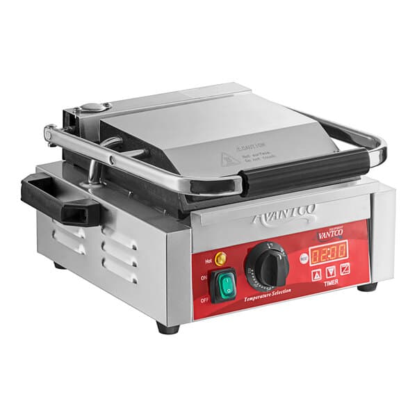 The Avantco commercial panini grill with a red and black dial and a handle.