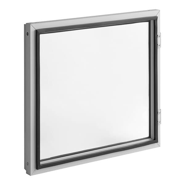 A white rectangular door with a clear glass window and black trim.