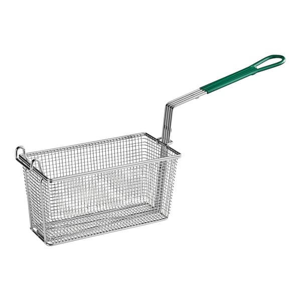 An Avantco fryer basket with a green handle.