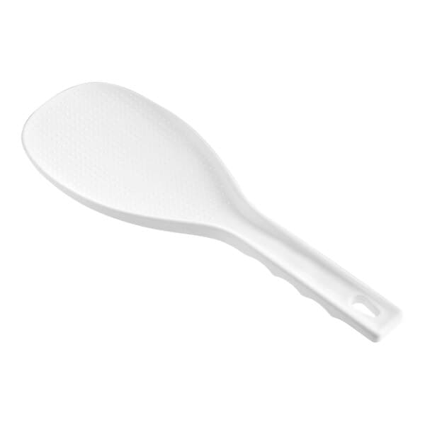 A white plastic spoon with a handle on a white background.