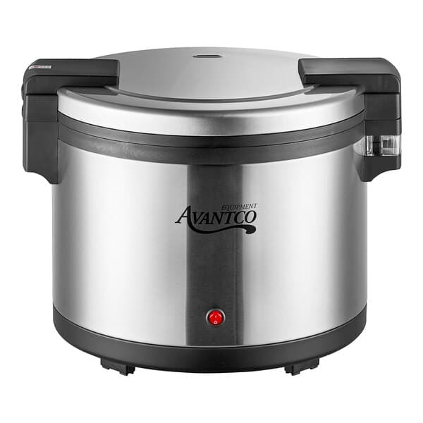 An Avantco silver and black electric rice warmer with a lid.