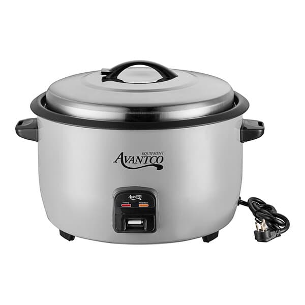 An Avantco commercial electric rice cooker with a lid and cord.