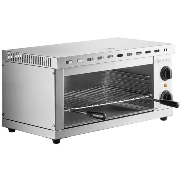 An Avantco stainless steel rectangular cheese melter with a handle.