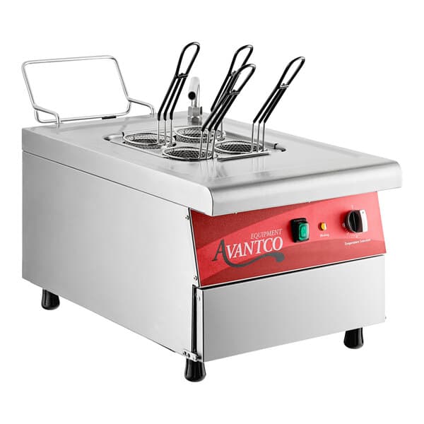 An Avantco electric countertop pasta cooker with a black and silver surface.