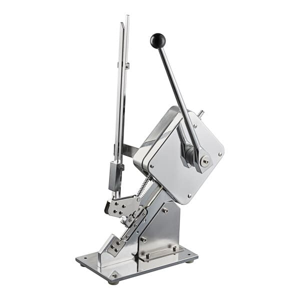 An Avantco manual sausage clipping machine, a metal machine with a black handle.