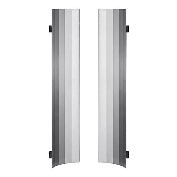 Two metal heat shields with a white rectangular frame.