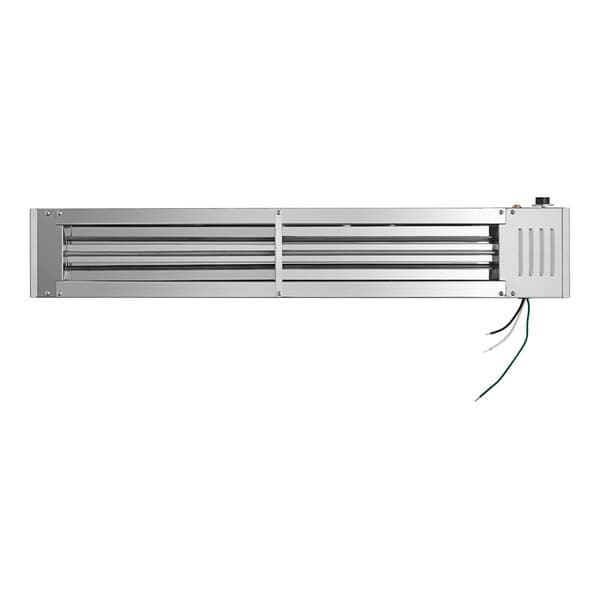 A silver rectangular Avantco strip warmer with wires attached to it.