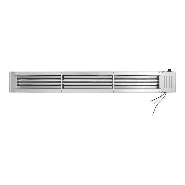 An Avantco strip warmer metal panel with wires attached.