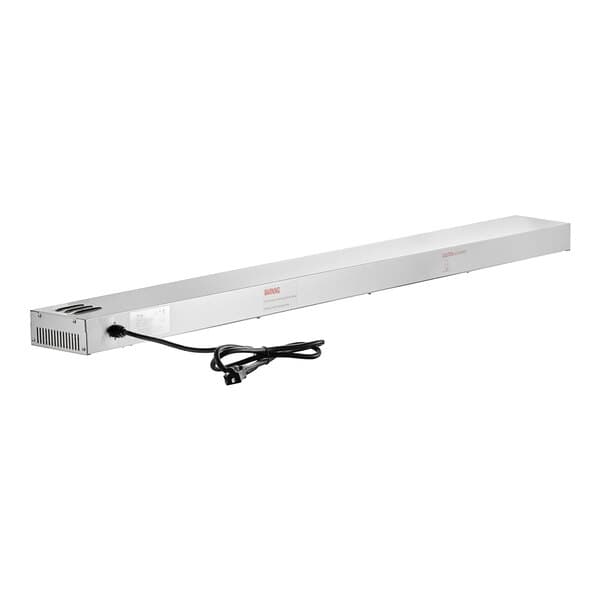 An Avantco 60" strip warmer with a white rectangular metal shelf and black power cord.